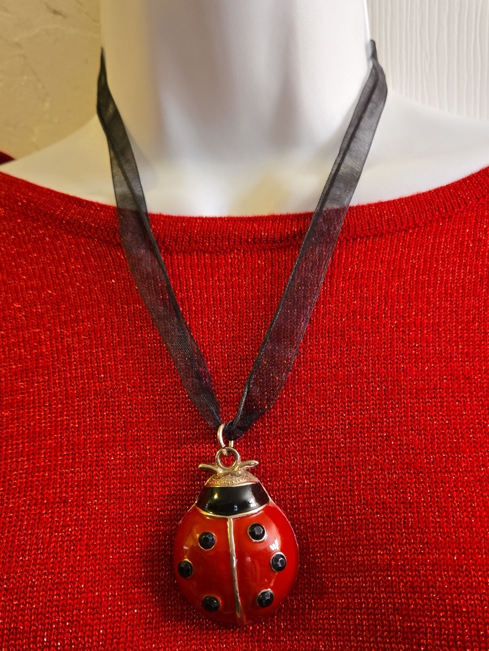Red Ladybug Pendant Necklace with Black Ribbon